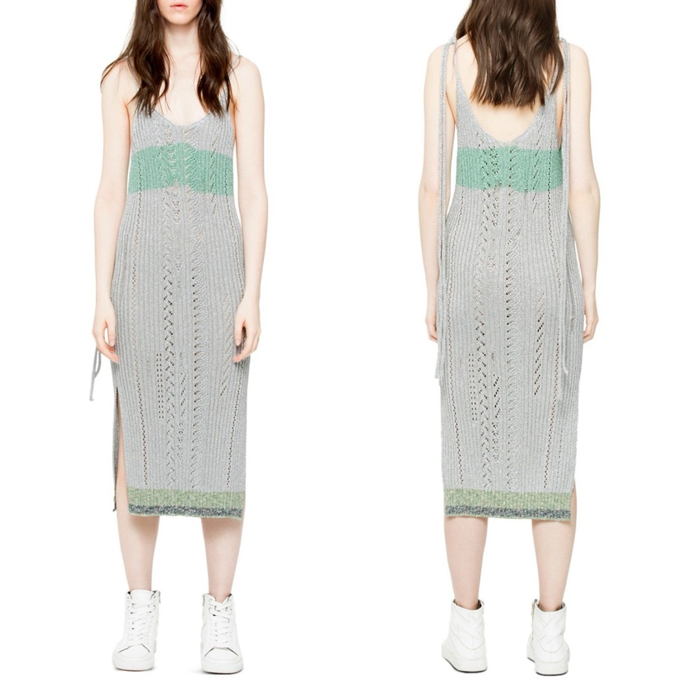 Zadig & Voltaire Jessy Silver Metallic Knit Midi Dress Sz S